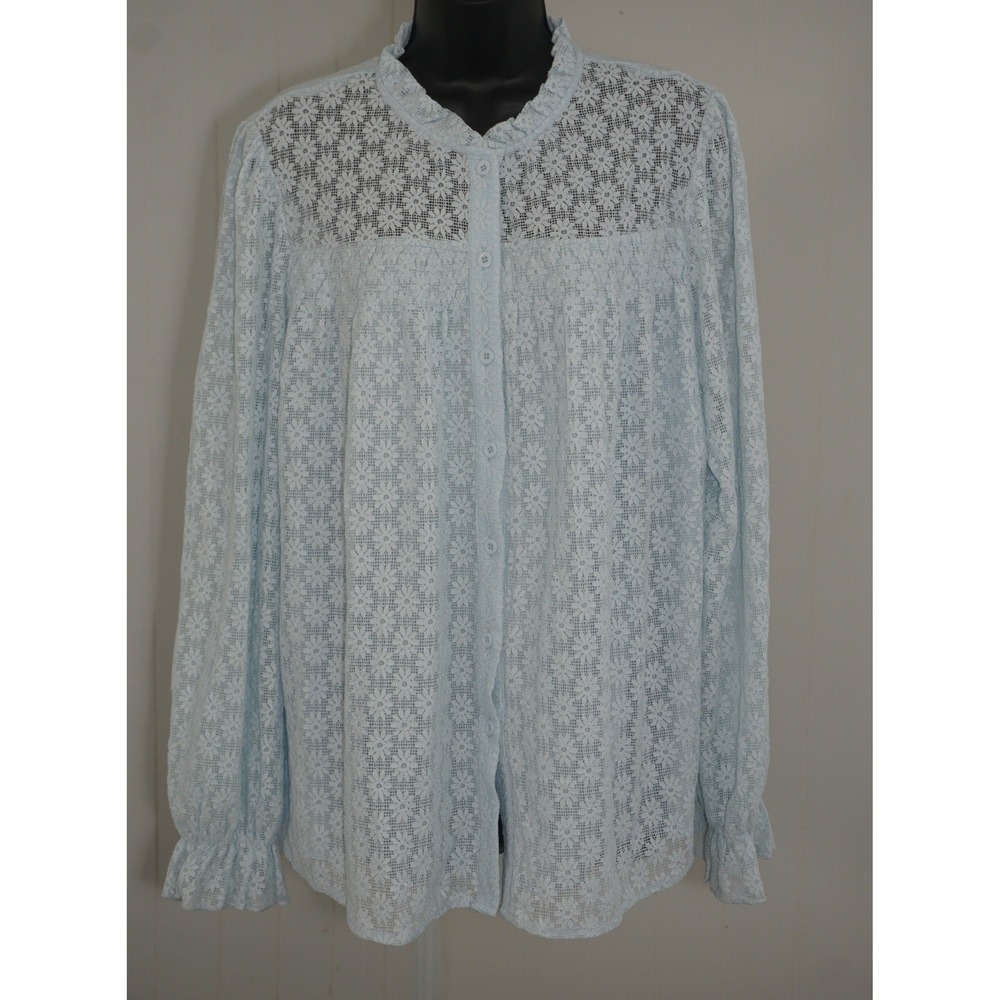 PrettyGarden XXL Light Blue Floral Lace Button Down Ruffle Blouse